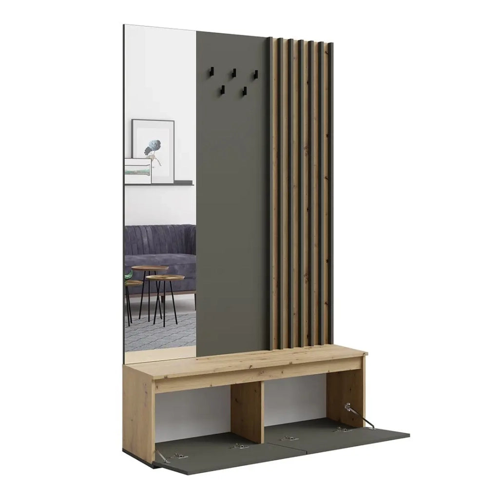 Mobile da ingresso con appendiabiti e specchio 120 cm - quercia chiara e grigio antracite - Collezione Mone