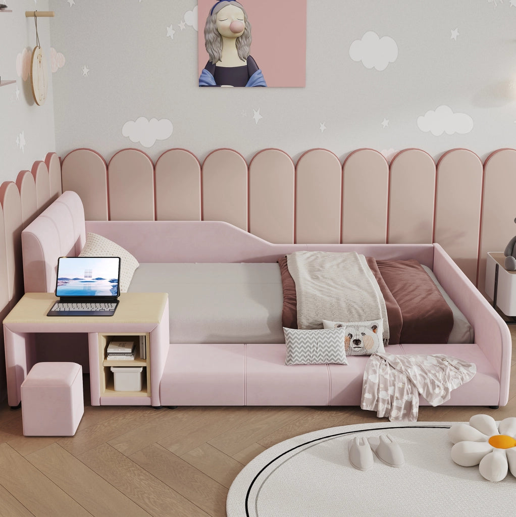 Letto imbottito 90x200 cm con scrivania; sgabello e ripiano in velluto rosa