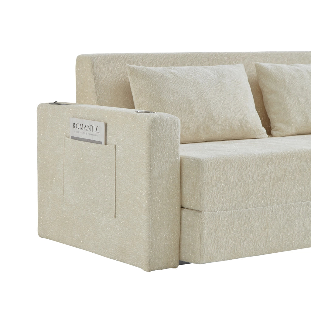 Divano letto 2 in 1 pieghevole in Chenille beige, USB, portabicchieri e tasche