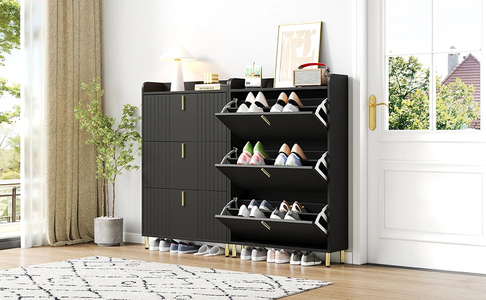 Set di 2 scarpiere salvaspazio a 3 ante ribaltabili, struttura regolabile, MDF, nero
