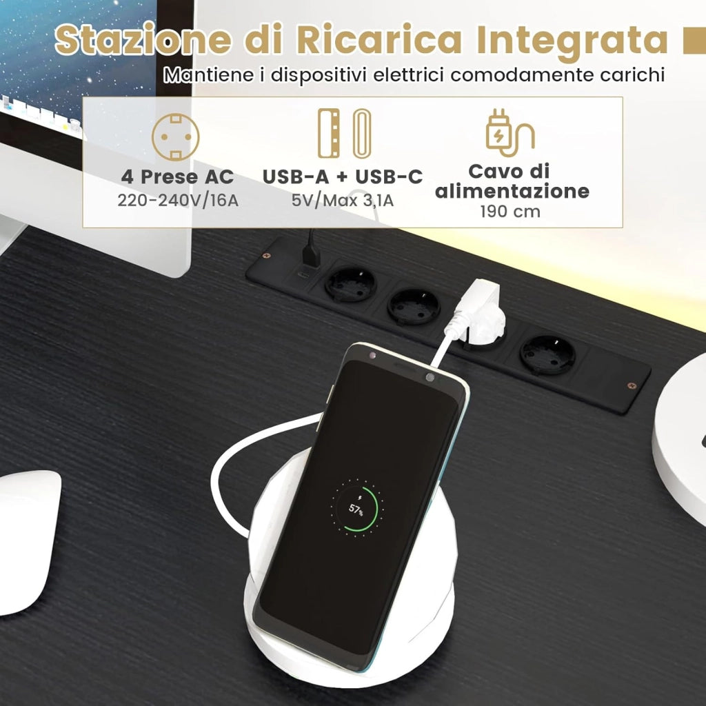 Scrivania con Libreria e Luci LED a Telecomando, Scrivania da Ufficio con Prese di Corrente, 2 Cassetti, 4 Ripiani e Anta, Scrivania per PC Salvaspazio con Tasca, 120 x 65 x 130 cm, Nero