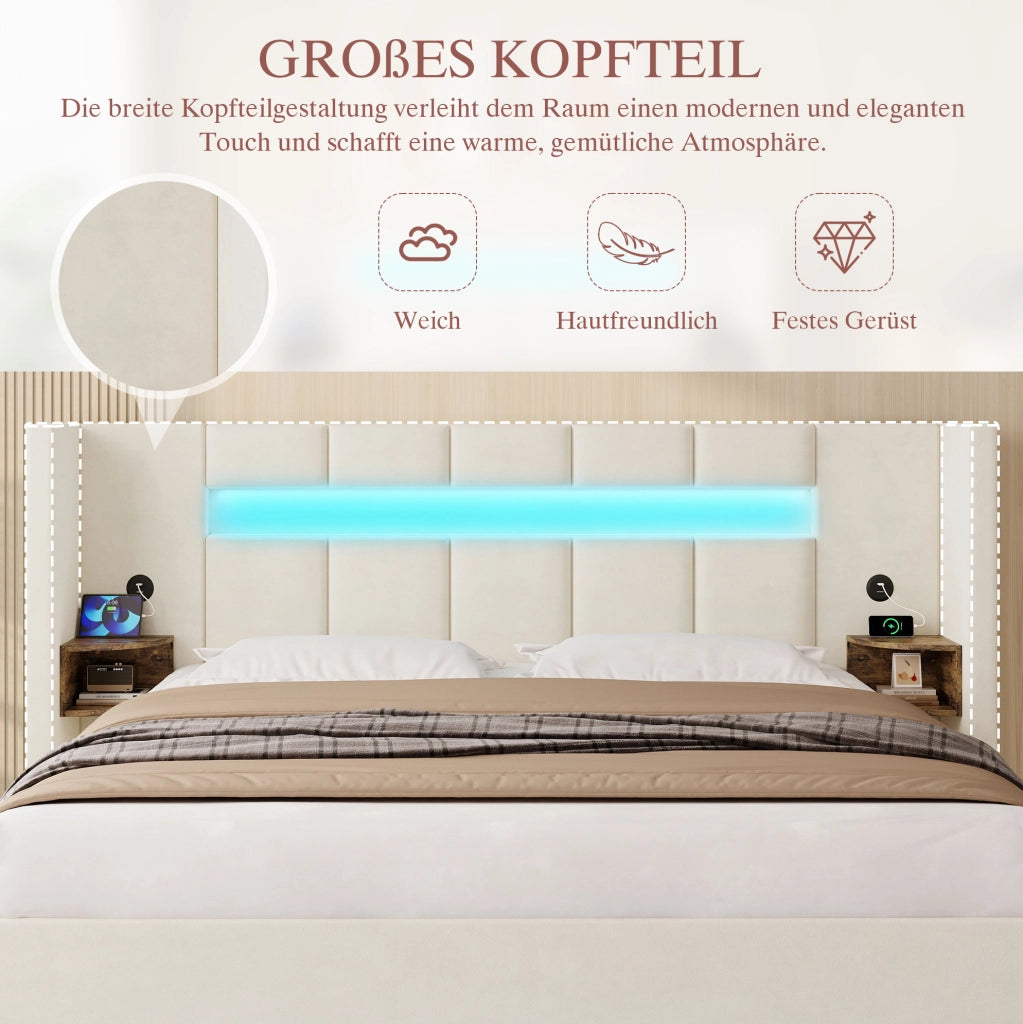 Letto contenitore 160x200 cm in velluto beige con LED; 2 porte USB e vani laterali