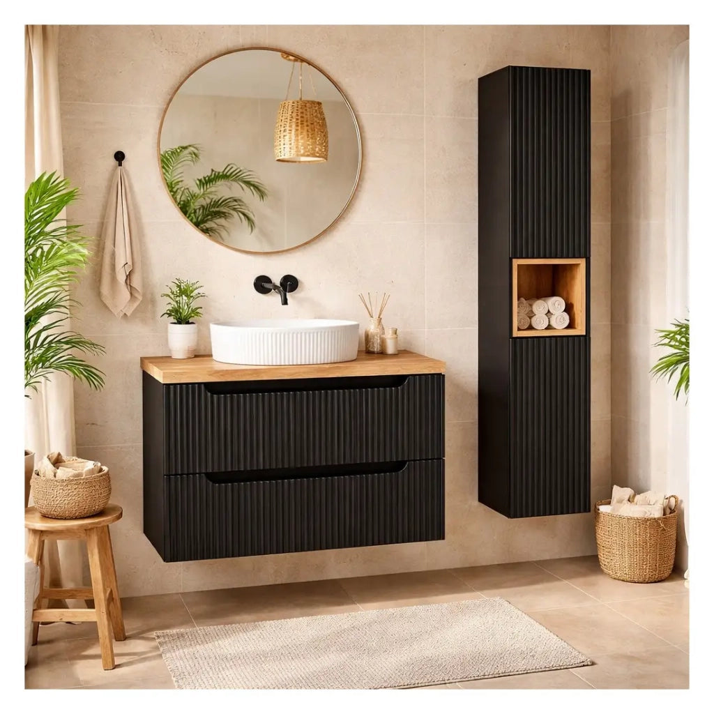 Set VANO 110cm: mobile sottolavabo con cassetti + piano per lavabo + lavabo da appoggio scanalato bianco + colonna