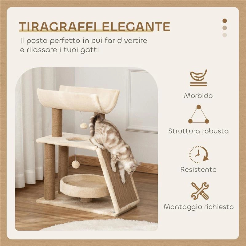 ALBERO TIRAGRAFFI PER GATTI CON LETTINO, CUCCIA E TAPPETINO, IN LEGNO, PELUCHE E SISAL, 60X30X76 CM, MARRONE CHIARO