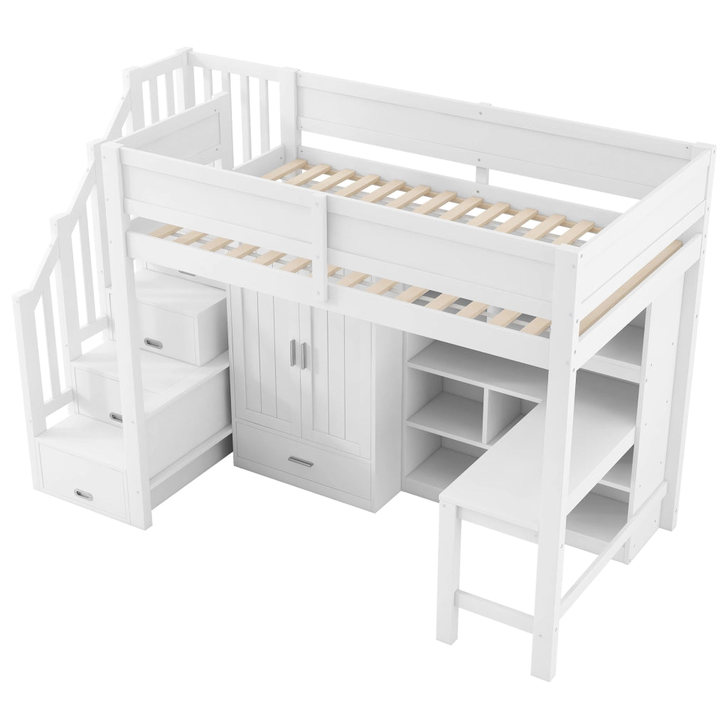 Letto a castello bianco con scrivania regolabile funzione LED e stoccaggi 90x200cm