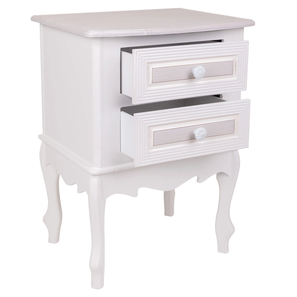 Comodino in legno con 2 cassetti bianchi 42x34x57.