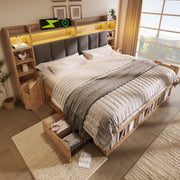 Letto matrimoniale 180x200 cm in finitura rovere con LED; prese USB e contenitore