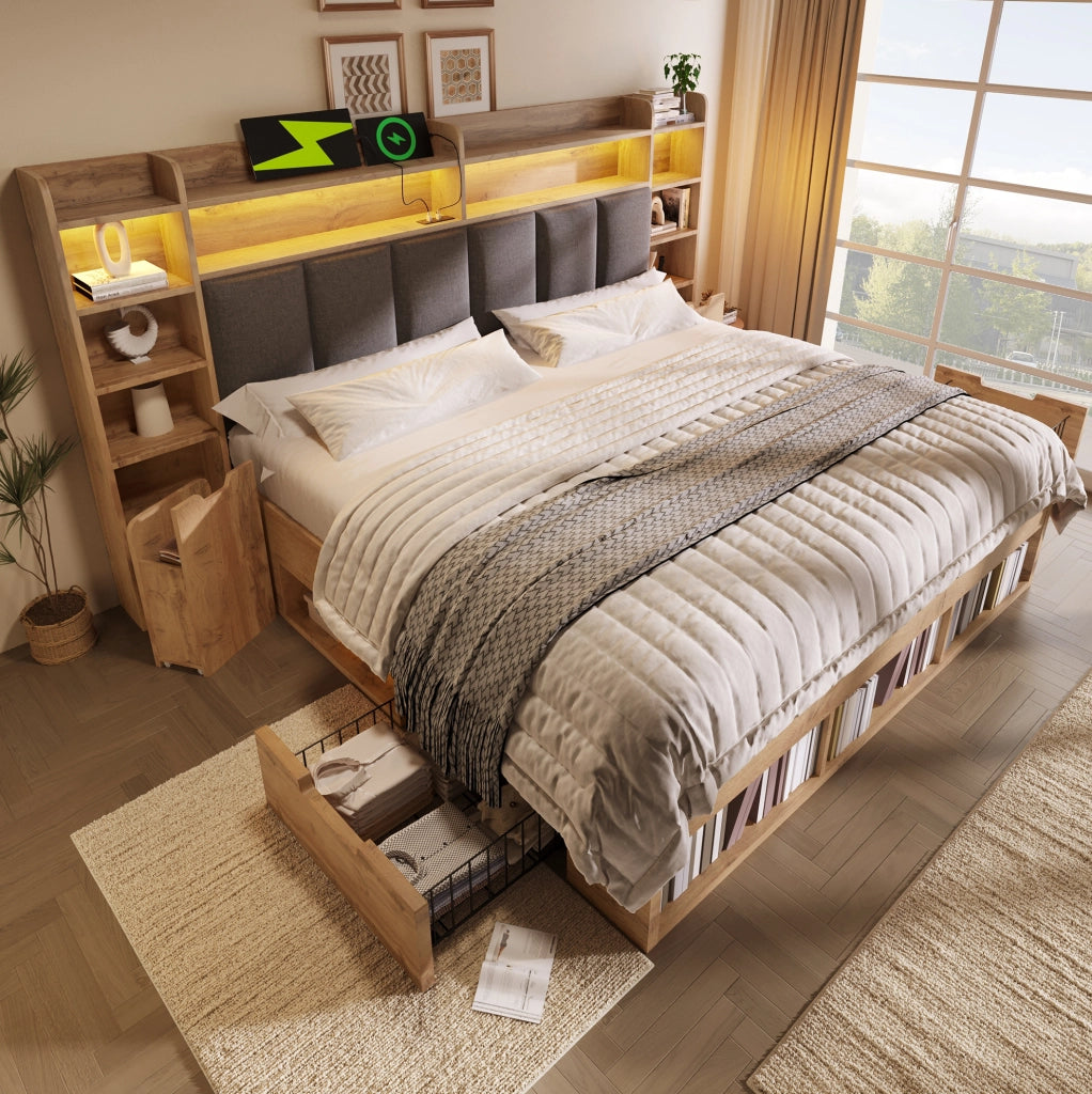 Letto matrimoniale 180x200 cm in finitura rovere con LED; prese USB e contenitore