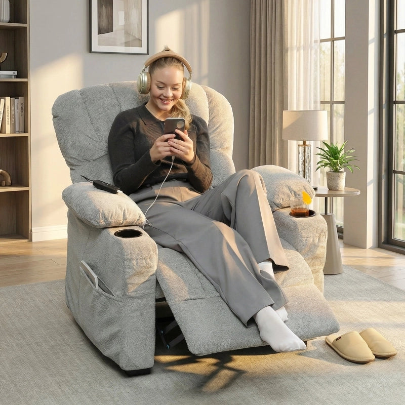 Poltrona relax elettrica con funzione reclinabile, memoria, USB, portabicchieri e tasche laterali in poliestere grigio