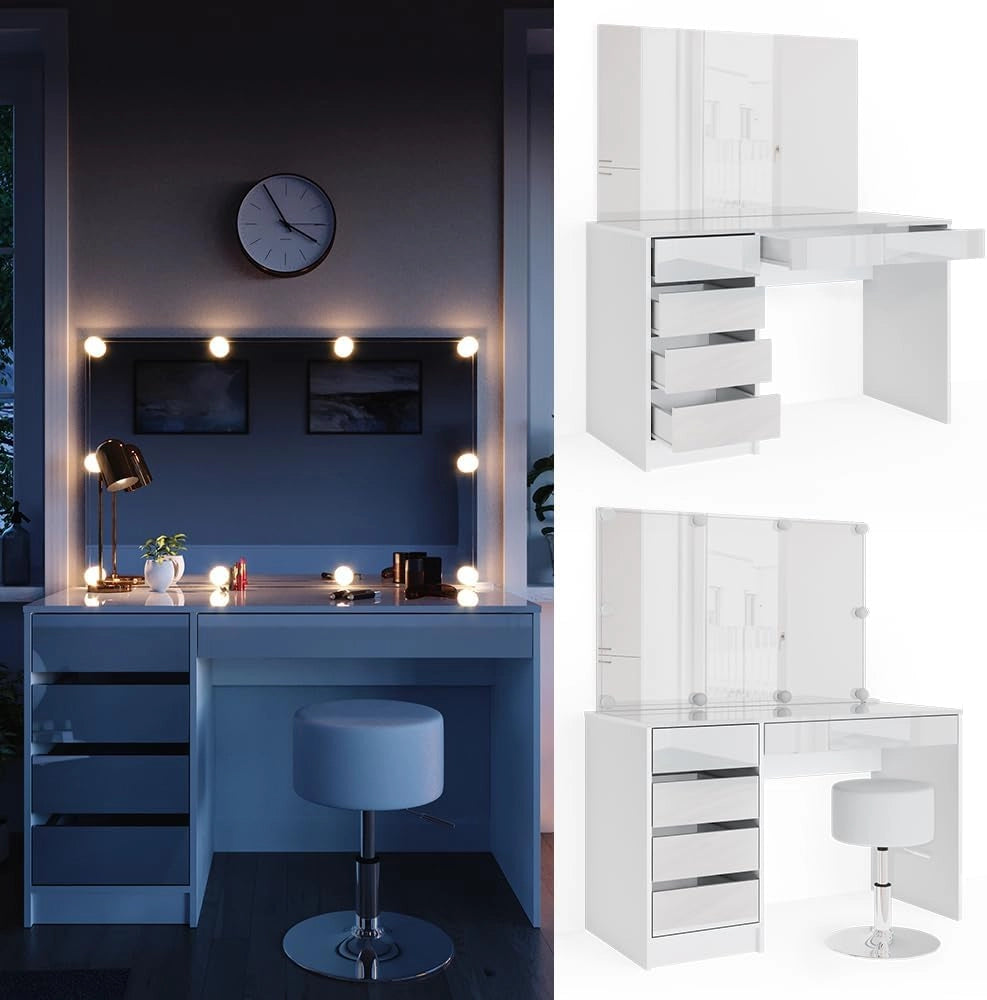 Vicco Tavolo da toeletta Sherry, Bianco, 120 cm con illuminazione LED e sgabello, adatto per l’uso quotidiano con telaio stabile