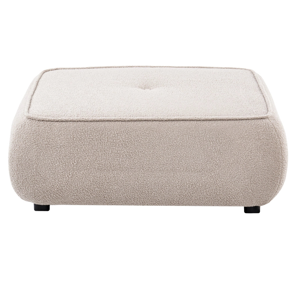 Divano a 3 posti con pouf beige bouclé braccioli arrotondati rivestimento di alta qualità seduta trapuntata con poggiapiedi stile Mid-Century