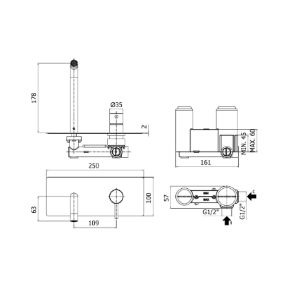 Rubinetto miscelatore monocomando per lavabo incasso 2 fori con bocca a muro serie stick  1/2  Rubinetteria paffoni spa