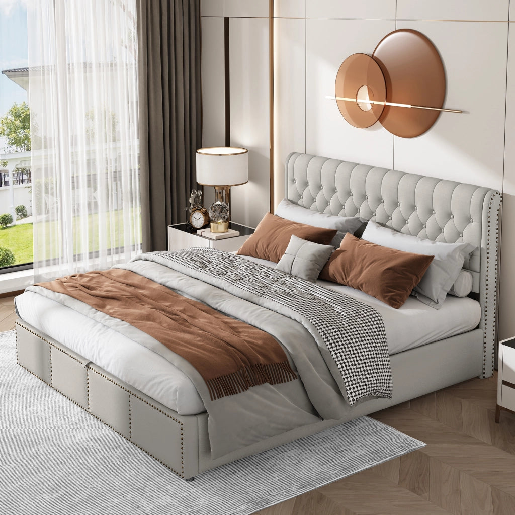 Letti contenitori 180x200 cm; contenitore e borchie; lino grigio (Senza materasso)