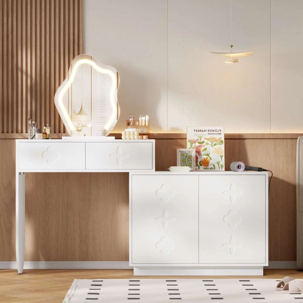 Toeletta con specchio LED a illuminazione regolabile, due cassetti, vani contenitori modulari e cassettiera bianca in stile moderno