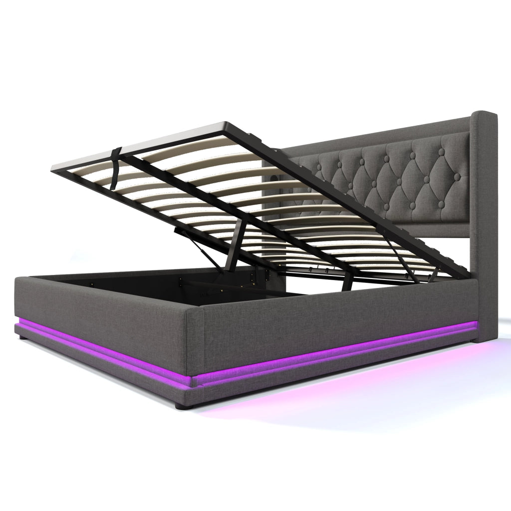 Letti contenitori 180x200 cm con LED e USB; cotone grigio (Senza materasso)