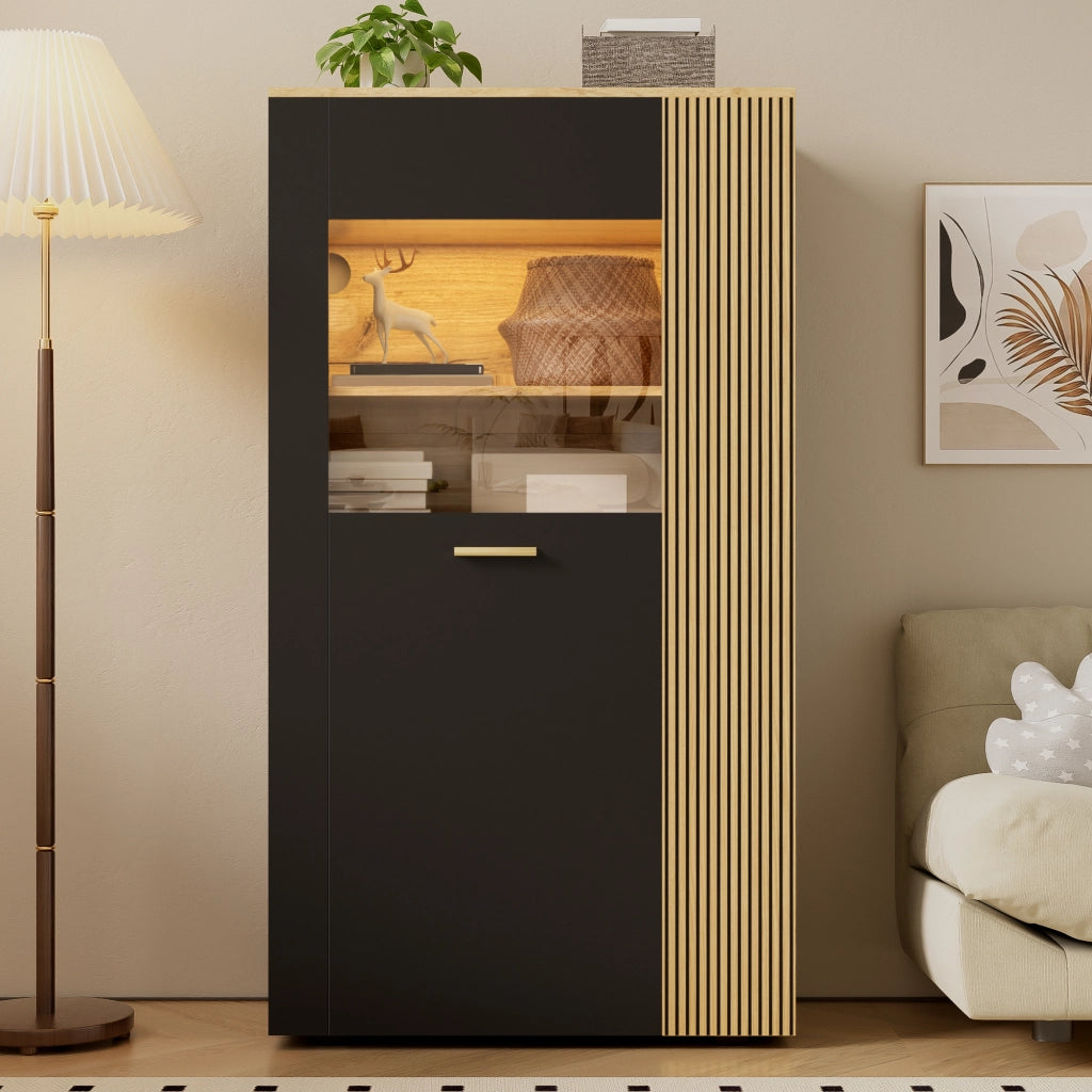 OKWISH Mobile contenitore con 1 anta in vetro, 3 ripiani fissi e 2 regolabili, LED e passacavi, 80 x 40 x 146 cm