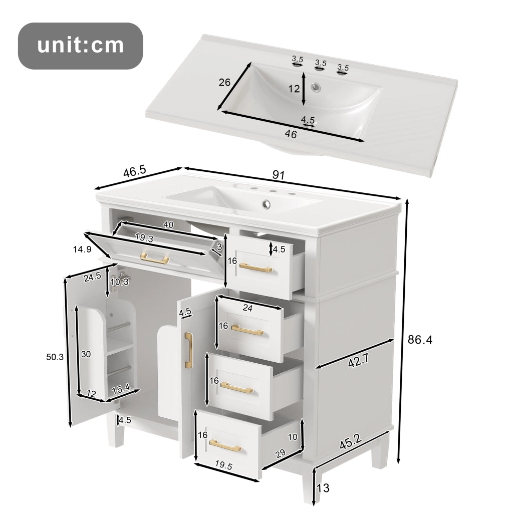 Mobile sottolavabo con lavandino in ceramica, 2 ante e 5 cassetti, per bagno, in MDF e ceramica, bianco, 90 × 46 × 87 cm