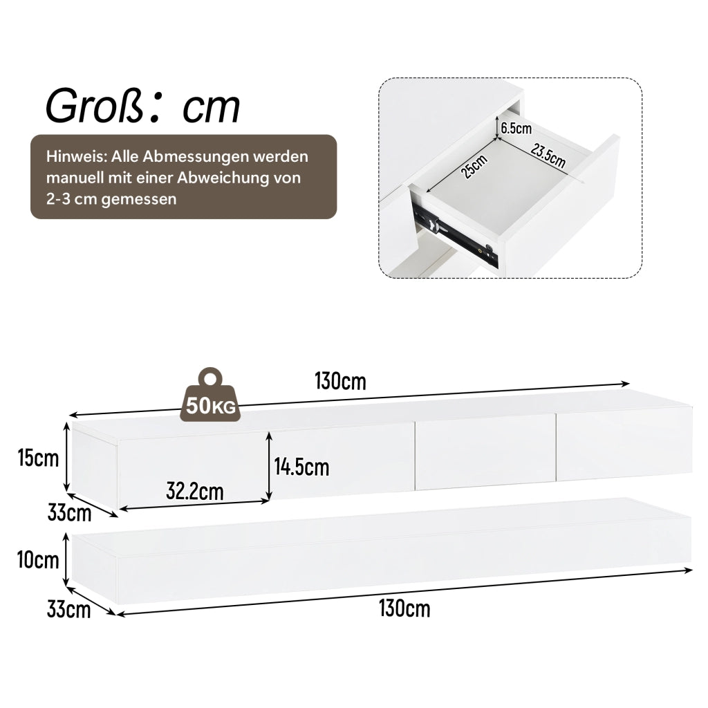 Mobile TV sospeso LED in MDF bianco con 4 cassetti, 2 vani e controllo Bluetooth da app