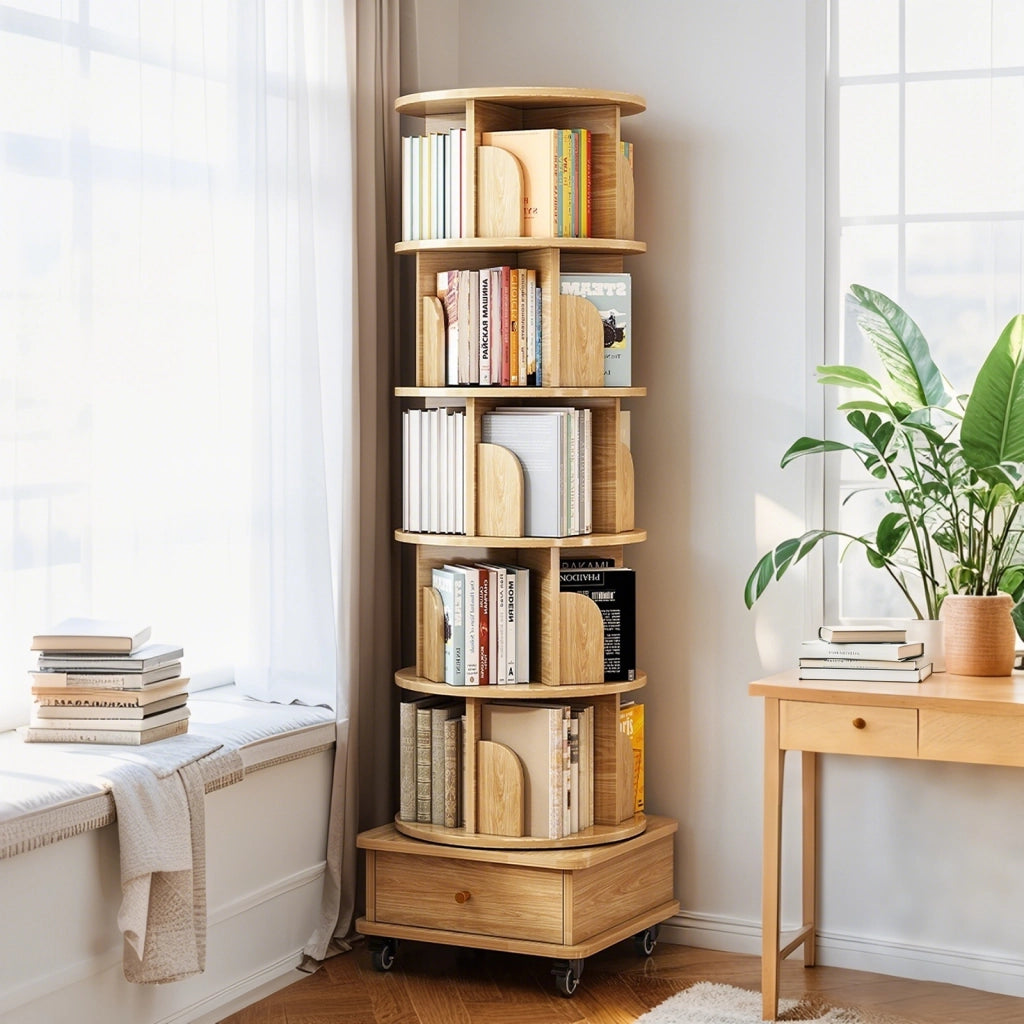 LIBRERIA Girevole 360° con cassetto e ruote 58x56x29 cm Colore legno MDF