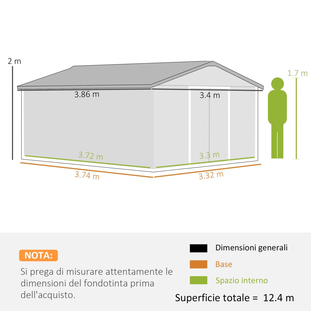 Casetta da Giardino con 2 Porte Scorrevoli e 4 Prese d'Aria in Acciaio, 340x386x200cm, Giallo