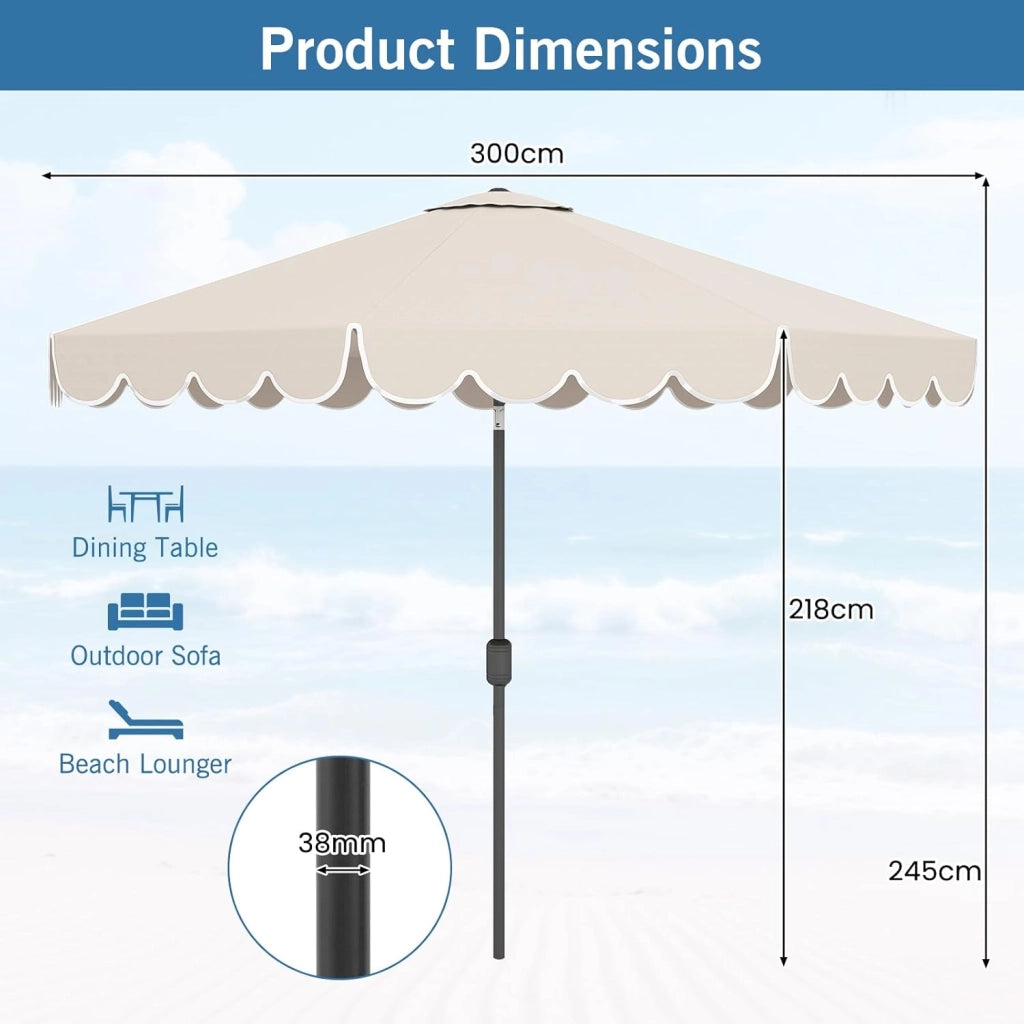 Ombrellone da Giardino 3 x 3 m, Ombrellone Parasole con Manovella e Balze, Inclinabile a 35°, con 8 Osse per Esterno da Balcone, Spiaggia, Terrazzo