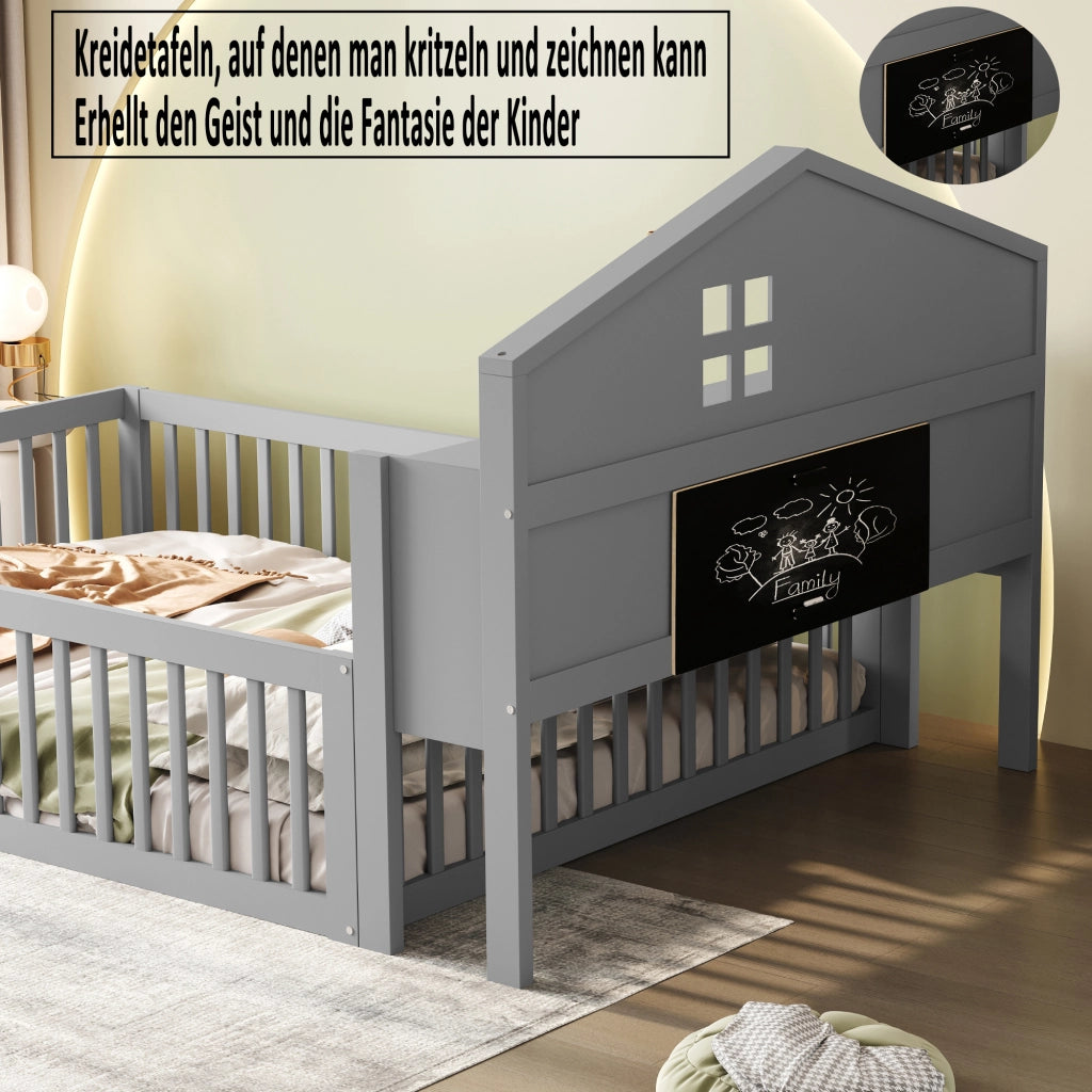 Letto per bambini grigio in legno massello con funzione casa 140x200 cm