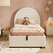 Letto imbottito 90x200 cm con contenitore idraulico; testiera imbottita; bouclé beige