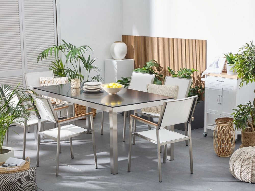 Set da pranzo da giardino bianco con piano in vetro Nero 6 posti 180 x 90 cm