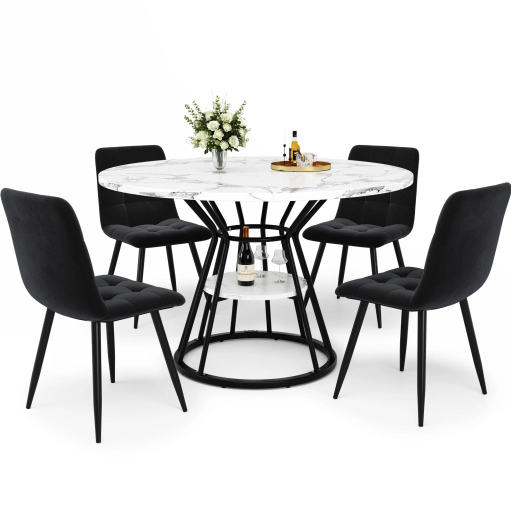 Set da pranzo 5 pezzi con 4 sedie e ripiano portaoggetti in MDF; metallo e velluto nero