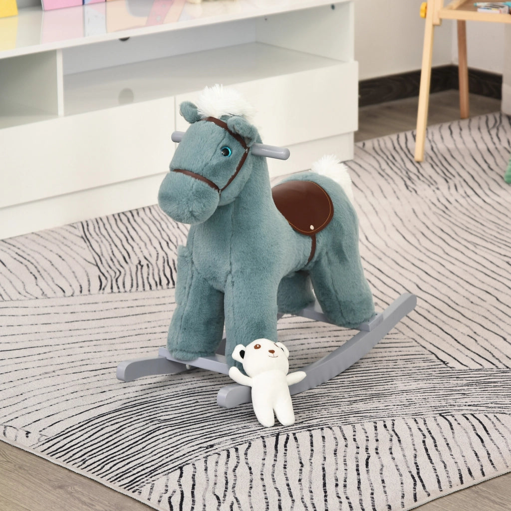Cavallo a Dondolo in Legno con Orsetto ¨C zephmum ¨C Blu 65x26x55cm