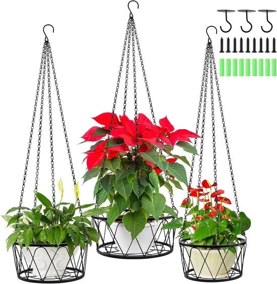 Set di appoggio piante in metallo - 3 pezzi - Nero - Appoggio moderno per piante da appendere - Ospite elegante con finitura lucida per terrazza, balcone, interni ed esterni.