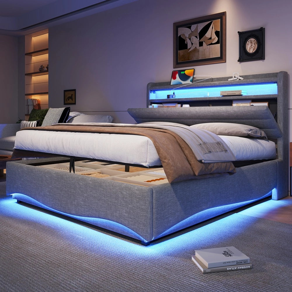 Letto Imbottito Contenitore con LED ¨C MINIMAL ¨C Tessuto Grigio 140x200 Idraulico