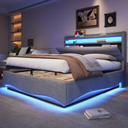 Letto Imbottito Contenitore con LED ¨C MINIMAL ¨C Tessuto Grigio 140x200 Idraulico
