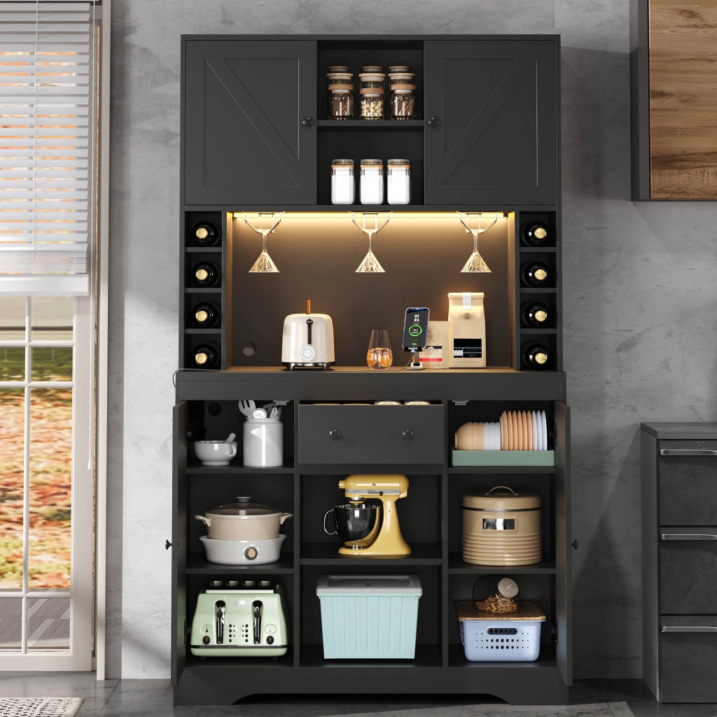 Credenza buffet con ripiani regolabili, cassetto, luci LED e prese, cucina e soggiorno, nero 180 × 105 × 40 cm