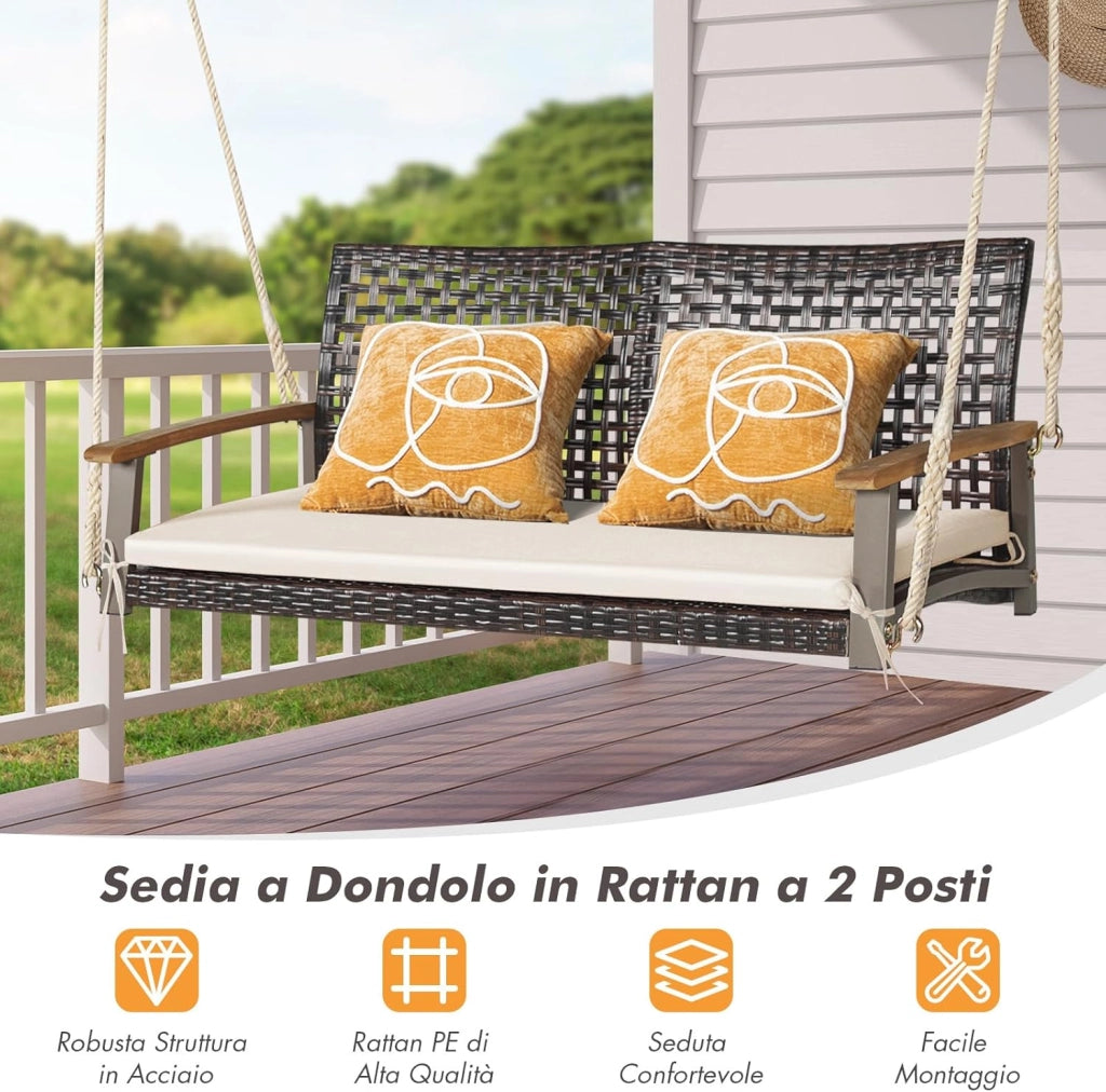Dondolo Sospeso per Esterno a 2 Posti, Altalena da Giardino con Cuscino, Sedia Sospesada Gairdino con Braccioli, per Portico, Capacità di carico di 360 kg (Bianco)