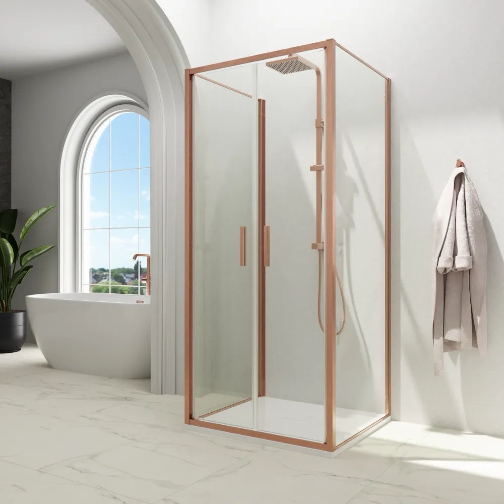 Box doccia 3 lati 90x100x90cm con porta saloon profili rame spazzolato vetro 6mm trasparente anticalcare h190| Portofino