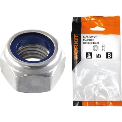 DADO ESAGONALE AUTOBLOCCANTE INOX A2 SELF WORKIT - BASSO M 3 CF=PZ 30- 5 confezioni
