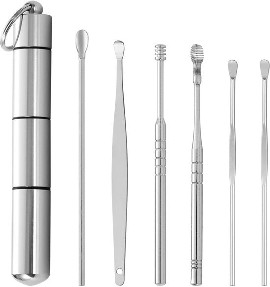 Rimuente Orecchio - Pulitore Orecchie - Materiale Inox - Maniglie Antiscivolo - Rotazione 360 Gradi - 6 Pezzi - Spazzola Orecchio