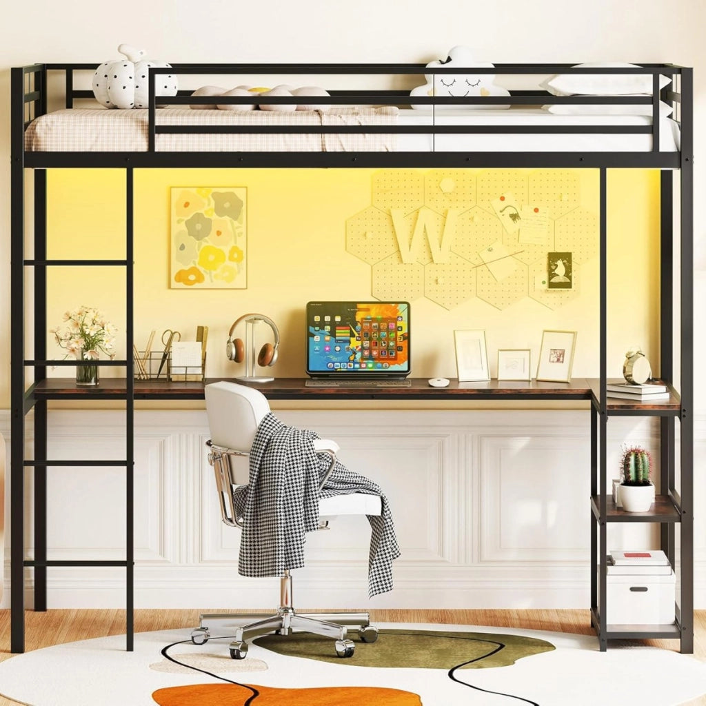 Letto metallico loft con presa elettrica-Giroletto a soppalco con sponda & scala Nero + Marrone Rustico