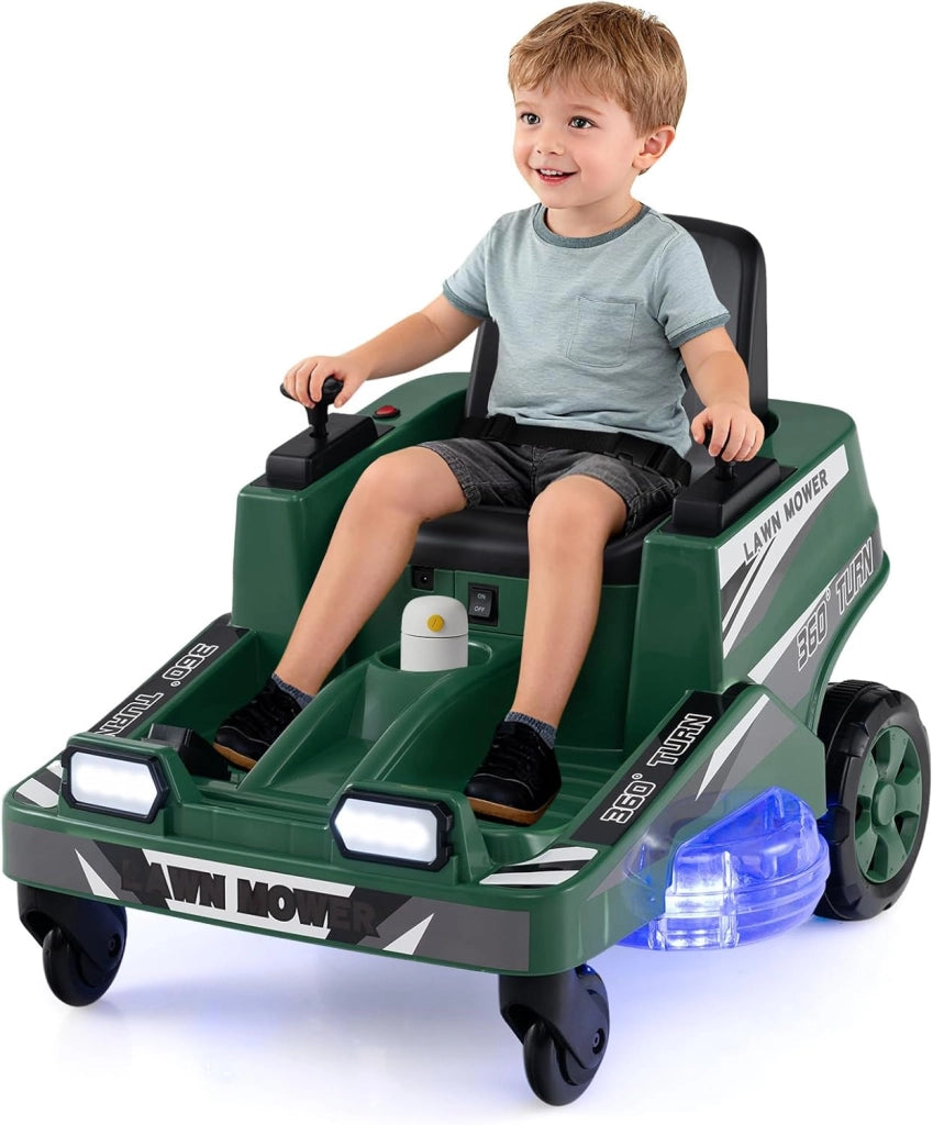 12V Macchina Elettrica per Bambini, Auto Elettrica con 2 Leve di Controllo, Luci LED, Simulazione di Taglio dell'Erba e Sterzate a 360°, Tosaerba Giocattolo per Bambini 3-8 Anni (Verde)