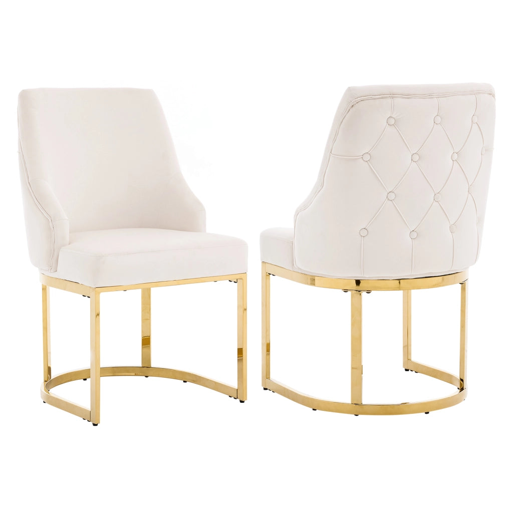 Set di 2 sedie da pranzo in velluto beige e oro; schienale trapuntato; gambe in metallo