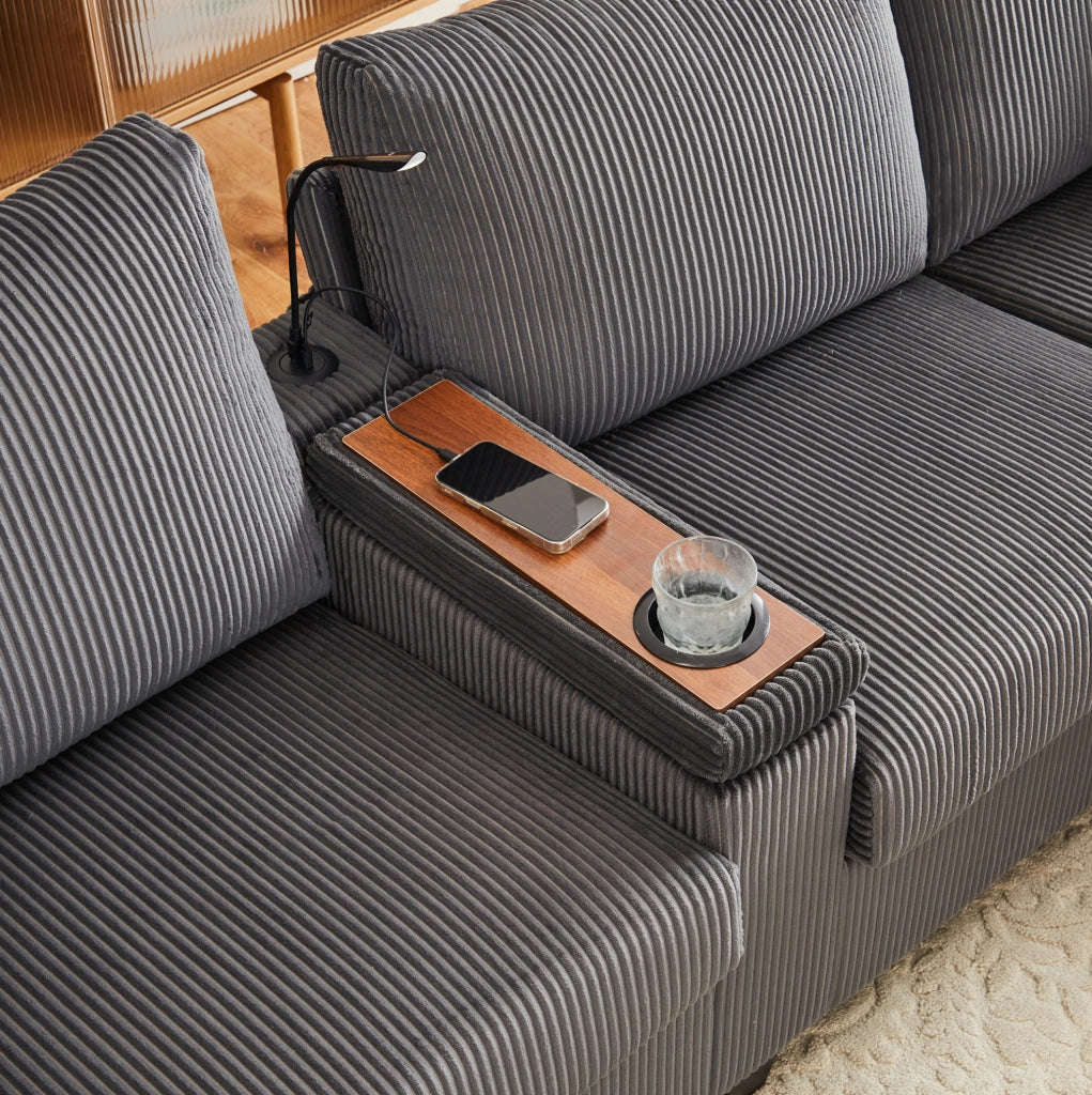 Divano a U ULEVR 334x128,5x81 cm in velluto a coste grigio con 2 pouf contenitore, LED, USB e Type-C