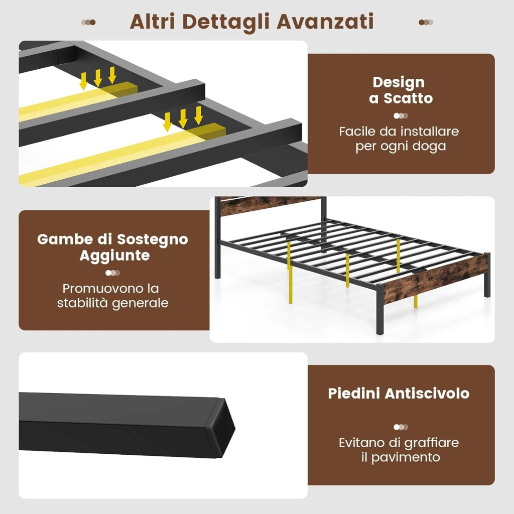 Struttura Letto Matrimoniale 200X140 cm, Letto a Piattaforma in Metallo con Testiera Alta, Doghe in Metallo e Barra Silenziosa, Carico Massimo 500 kg
