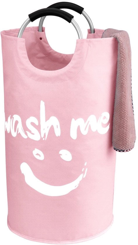 Wasmachine a portata manuale 95L con maniglie, lavatrice a stantuffo pieghevole, sacco per la lavatrice con motivo sorriso per la biancheria sporca, lavatrice per camera da letto (rosa)