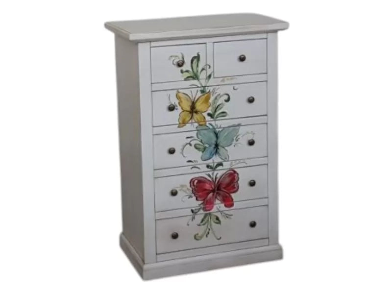 Cassettiera 6 cassetti in legno shabby bianco anticato decori farfalla 62x37x93 - Mobili 2G