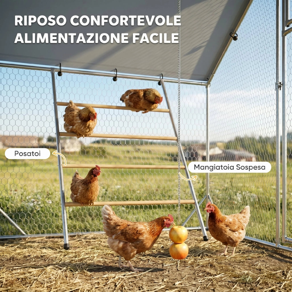 Recinto per Galline da 6m2 per 6-8 Animali con Tetto Impermeabile, Mangiatoia e Posatoio, 3x2x1.9m, Argento