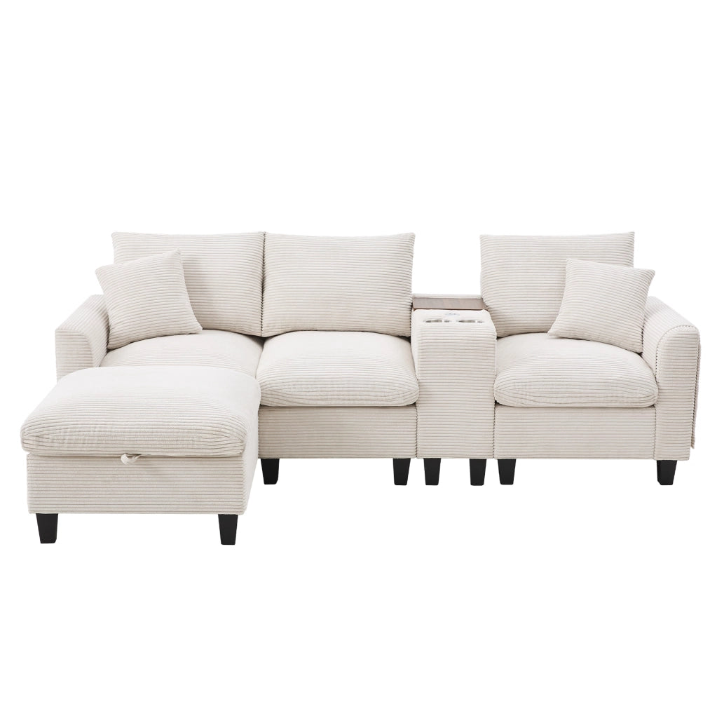 Divano angolare modulare 4 posti con console; 2 USB; portabicchieri e pouf contenitore beige