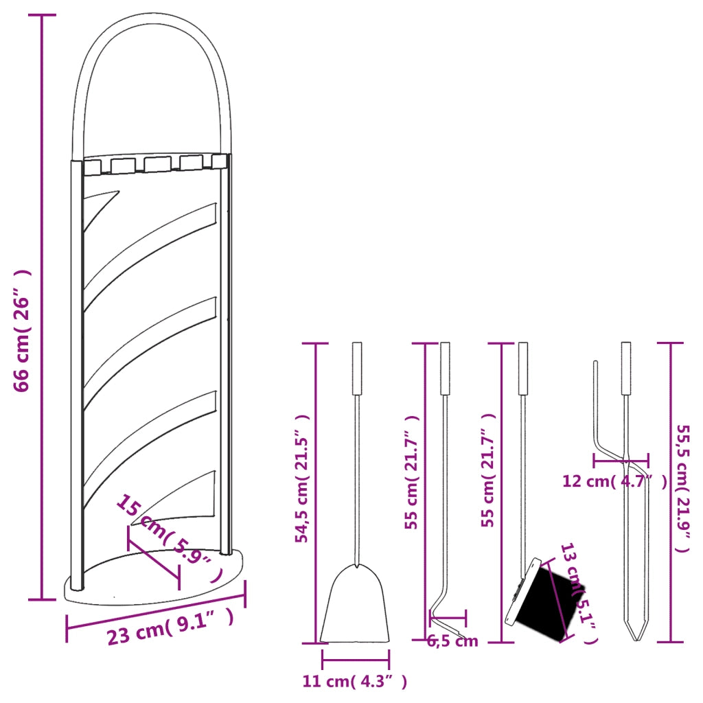 Set Attrezzi per Caminetto 5 pz 23x15x66 cm in Acciaio