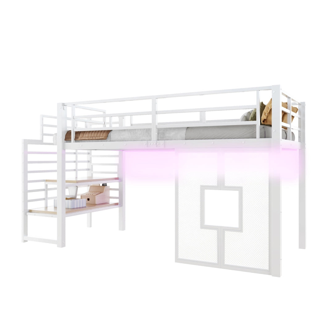 Letto a Soppalco Singolo 90x200 cm; 1 Posto - Scala con Contenitori; LED e Finestre