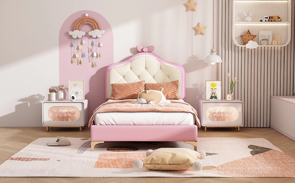 DESMIU Letto singolo 1 posto con LED multicolore e testiera ondulata, 90 × 200 cm, senza materasso, PU rosa e bianco